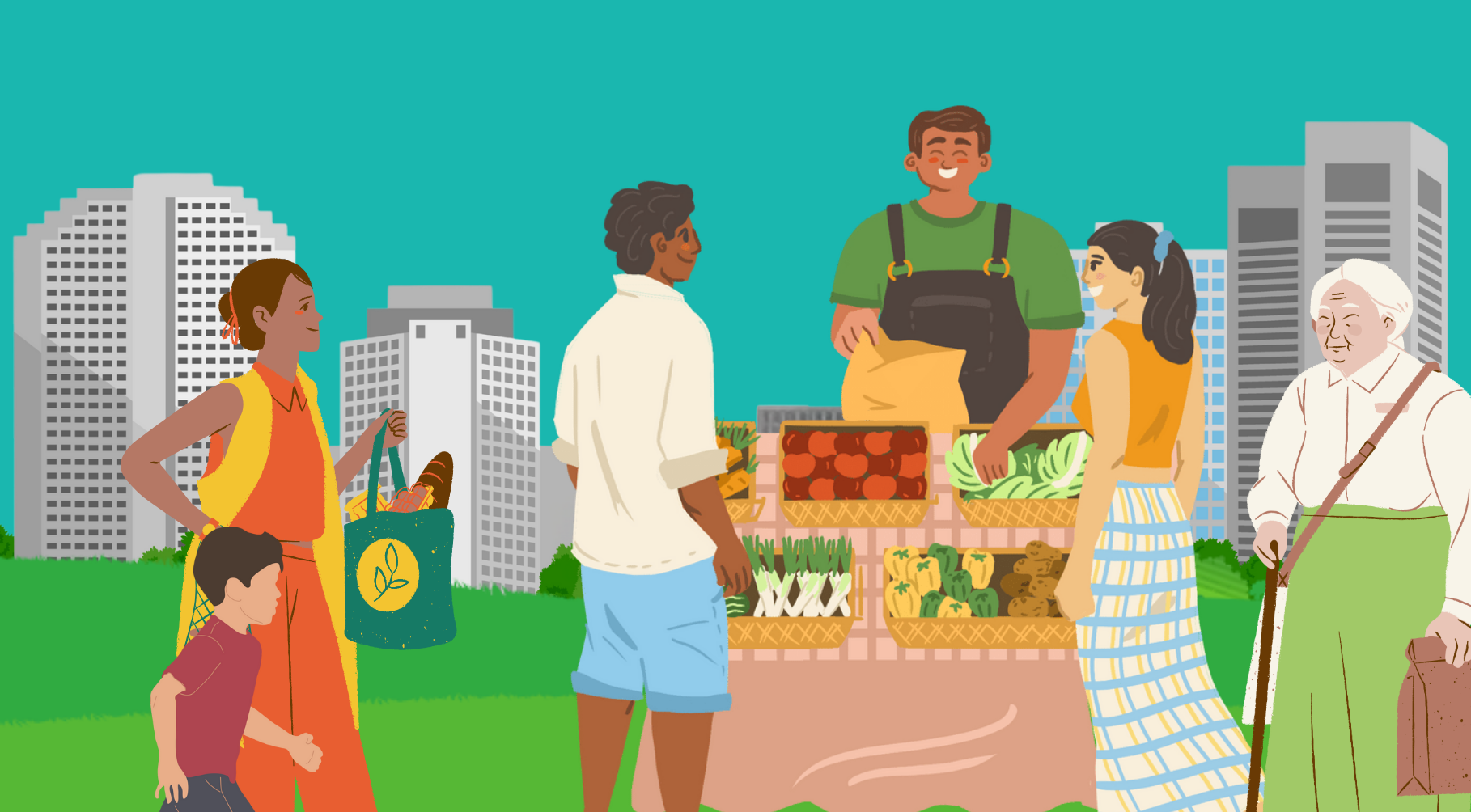 a cartoon image depicting diverse community members enjoying a market in a city greenspace